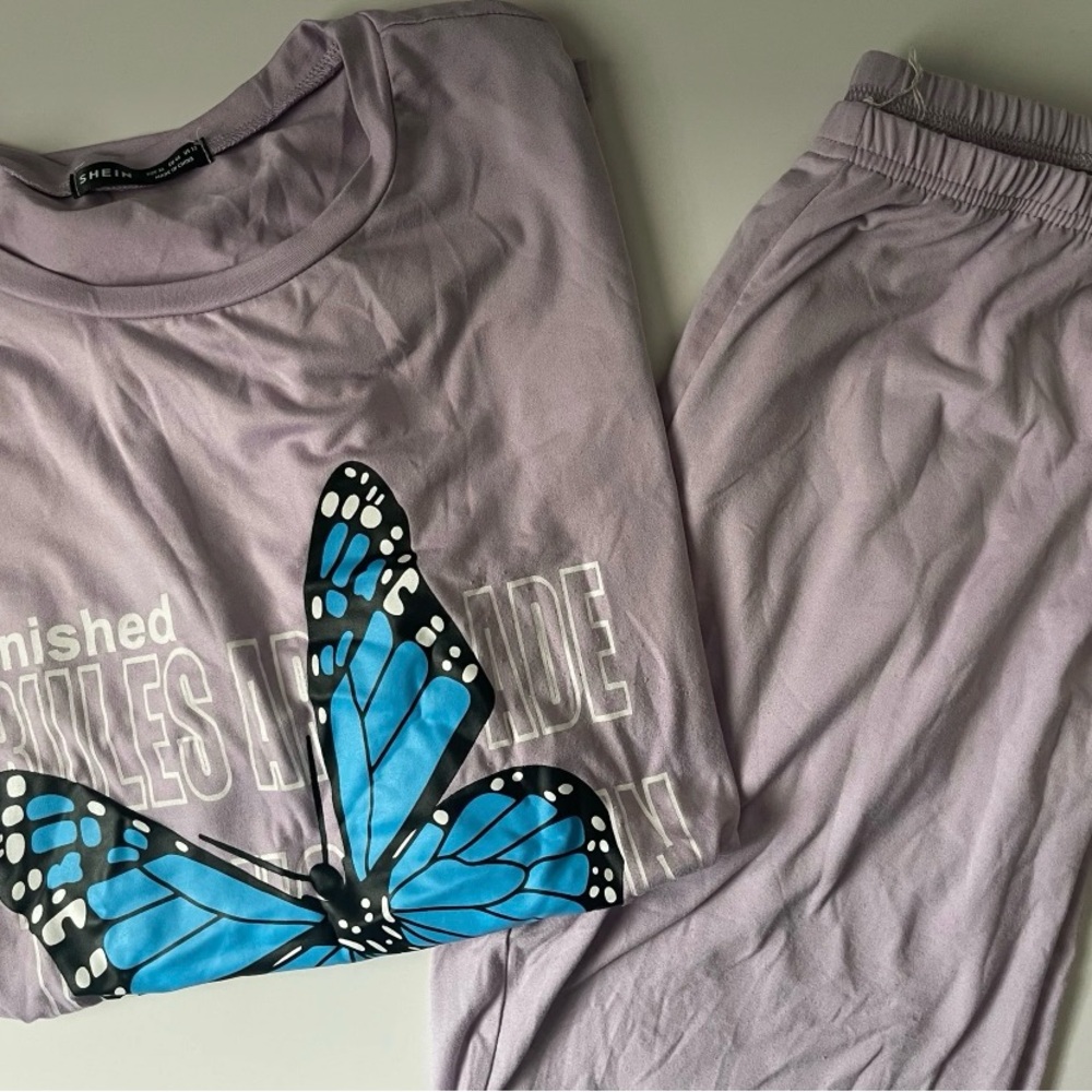 SHEIN Purple and Blue Pajama Set with Butterfly Design